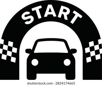 Vector icon of a car driving through a race start archway with checkered flag patterns on the sides, isolated on white background.