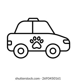 Um ícone de vetor de um carro com um símbolo de pata, representando o serviço de transporte para animais de estimação, criado em estilo de linha com traço editável
