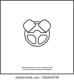 Vector icon of car steering wheel and driver's hands on white isolated background.