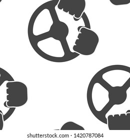 Vector icon of car steering wheel and driver's hands seamless pattern on a white background.