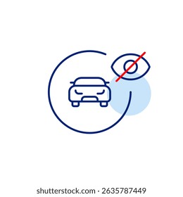 Vector icon of car tracking device with crossed-out eye, symbolizing disabled tracking, hidden location, or privacy mode. Ideal for vehicle security apps, GPS platforms, and privacy settings