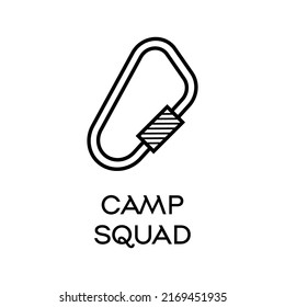 Vector icon of carabiner and Camp Squad text on white background