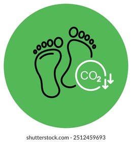 Vektorsymbol für die Reduzierung des CO2-Fußabdrucks. Zeigt zwei Fußabdrücke mit CO2-Symbol, das die Verringerung der CO2-Emissionen anzeigt, auf grünem kreisförmigem Hintergrund.