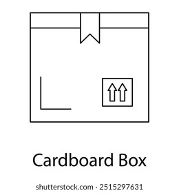 Vector icon for cardboard box. Simple line illustration of a cardboard package with shipping label and symbols, ideal for logistics and delivery designs.