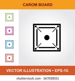 Vector Icon Of Carom Board With Title & Small Multicolored Icons. Eps-10.