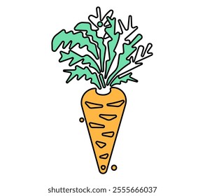 Vector icon of a carrot with leafy greens, ideal for farm fresh, agriculture, vegetable, organic, garden, diet, vegan, healthy, natural, nutrition, eco-friendly, root, food, plant.