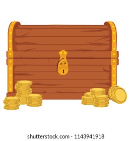 Vector  icon with cartoon closed  brown wooden pirate chest with golden metal stripes and padlock, full of treasure coins on white background