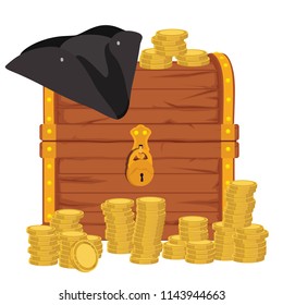Vector  icon with cartoon closed  brown wooden pirate chest with golden metal stripes and padlock, full of treasure coins on white background