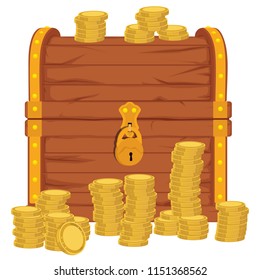 Vector  icon with cartoon closed  brown wooden pirate chest with golden metal stripes and padlock, full of treasure coins on white background