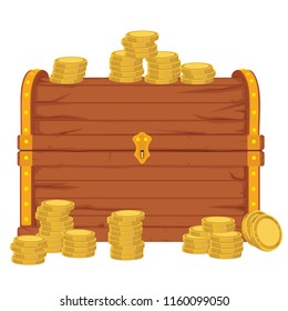 Vector  icon with cartoon closed  brown wooden pirate chest with golden metal stripes and padlock, full of treasure coins on white background