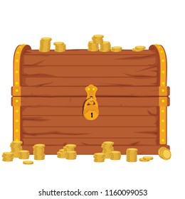 Vector  icon with cartoon closed  brown wooden pirate chest with golden metal stripes and padlock, full of treasure coins on white background