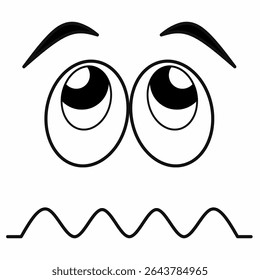 Vector icon cartoon face miserable with big rounded eyes, arched eyebrows, and wavy mouth expressing nervous or worried emotion. Black and white emoji icon for mood, chat, or sticker use.