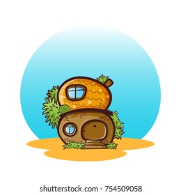 Vector icon of cartoon house with round sky. Kawaii fairy forest cabin looks like mushroom, with windows, door and porch steps, tiled roof, brick wall. Home with greens, plants, trees, moss