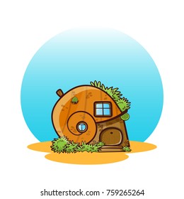 Vector icon of cartoon house with round sky. Kawaii gnome forest cabin looks like shell, with windows, door and porch steps, tiled roof, brick wall. Home with greens, plants, trees, moss