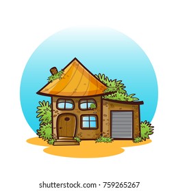 Vector icon of cartoon house with round sky. Kawaii cottages with windows, door, garage, tiled roof, brick wall. Home with greens, plants, trees, moss, bush
