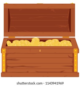 Vector  icon with cartoon opened brown wooden pirate chest with golden metal stripes and full of treasure coins on white background