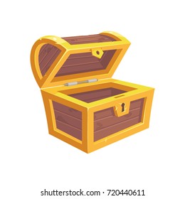 Vector icon with cartoon opened empty wooden pirate chest with golden metal stripes and keyhole on white background