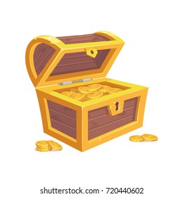 Vector icon with cartoon opened wooden pirate chest with golden coins, golden metal stripes and keyhole on white background