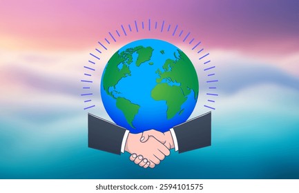 Vector icon. Cartoon planet earth, west and east agree. Toon male handshake. Cooperation, blurred clouds. Skyscape