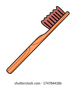 Vector icon in cartoon style isolated at white background. Wooden brush for teeth, eco friendly concept. Toothbrush from bamboo materials. Save nature, planet concept. Clean and health, eco materials