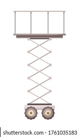 Vector icon in cartoon style of scissors lift or platform lifting isolated at white background. Icon for website, apps, logo. Lifting weight machine for heavy boxes. Conctruction industry concept