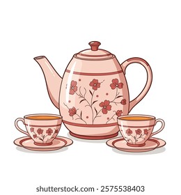 Vector icon: A Cartoon Teapot and Two Cups of Tea on a Saucer.