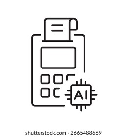 Un ícono de Vector de una caja registradora con un chip de IA, que representa las ventas automatizadas y los sistemas inteligentes de Completar compra, creados en línea con estilo editable