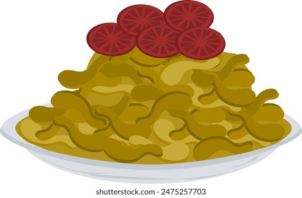 Vektorgrafik-Ikone des Cashewnusssalats mit Tomatenscheiben.