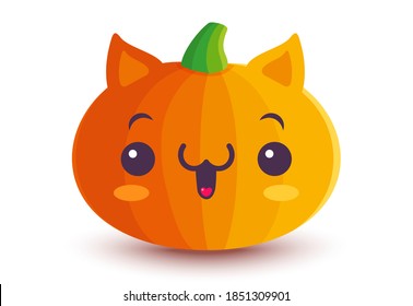 Vector icon of cat pumpkin in kawaii style. Cute pumpkin cat in manga style.
