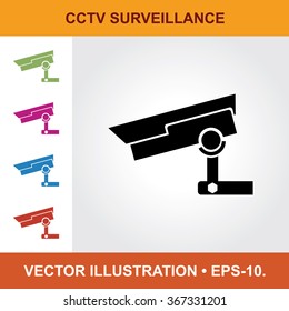 Vector Icon Of CCTV Surveillance With Title & Small Multicolored Icons. Eps-10.