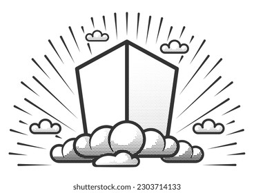Vector icon, celestial obelisk in rays, three-quarter turn cube, in clouds with halftone from dots. Finished logo, symbol for your projects.