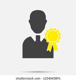 Vector icon Certified person. Image of  man and medal. Symbol reward, achievements. Layers grouped for easy editing illustration. For your design.