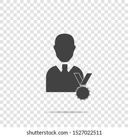 Vector icon Certified person. Image of  man and medal. Symbol reward, achievements vector icon on transparent background..