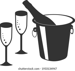 Vector icon with champagne cooling in ice and two glasses. Black illustration isolated on a white background for graphic and web design.