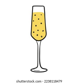 Icono vectorial de la copa de champán con burbujas dibujadas a mano en forma de doodle. Elementos de celebración