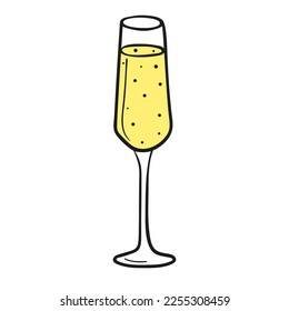 Icono vectorial de la copa de champán con burbujas dibujadas a mano en forma de doodle. Elementos de celebración