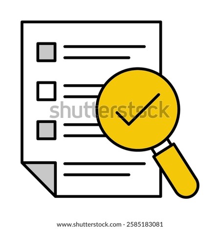 Vector icon of a Checklist and Magnifying Glass. This icon represents the assessment process, evaluating performance, information, and outcomes.