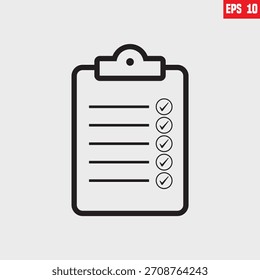Ein Vektorsymbol einer Checkliste in der Zwischenablage. Das Symbol ist im minimalistischen, flachen Stil, einzeln auf weißem Hintergrund, gestaltet.
