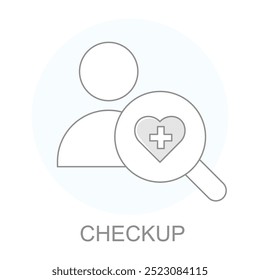 Ícone de vetor para Checkup. Símbolo da pessoa e do coração que representa os exames médicos e os serviços de saúde.