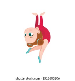 vector icon of a cheerful cute athletic gymnast girl sitting on a twine, exercise in rhythmic gymnastics competitions, sticker for print and for website, acrobatic athlete rhythmic gymnastics, olympic