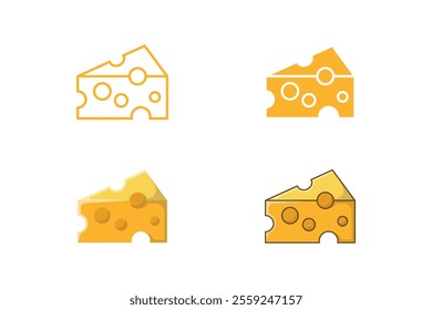 vector icon of cheese slice made in various styles, yellow outline cheese