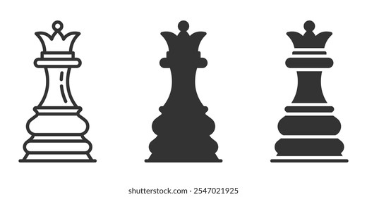 Vector icon of a chess queen piece in multiple styles.