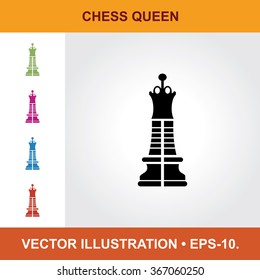 Vector Icon Of Chess Queen With Title & Small Multicolored Icons. Eps-10.