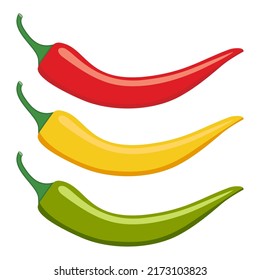 Icono vector del producto del juego de chile. Las pimientos calientes vectoriales están aisladas en un fondo blanco. Rojo, amarillo y verde.