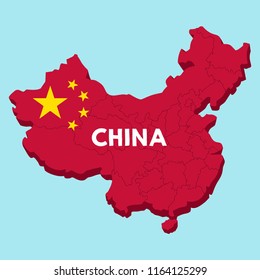 Vector icon of China map. Image map  textured under  Chinese flag. Text: China. Illustration 3d China map in flat style