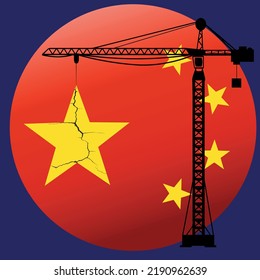 vector icon with the Chinese flag, Construction crane and a crack as a symbol of the crisis in real estate China	