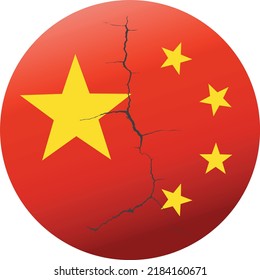 icono vector con la bandera china y una grieta como símbolo de la crisis en China