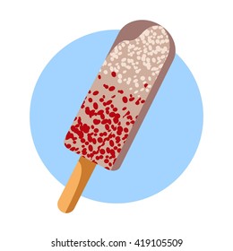 Vector icon with chocolate ice cream with cherry on white background in flat style. 