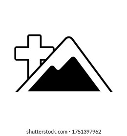 Vector icon Christian cross behind the mountain. Black christian cross sign isolated on white background. Vector EPS10.