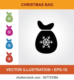 Vector Icon Of Christmas Bag With Title & Small Multicolored Icons. Eps-10.